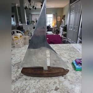 Vintage Salco Silver Metal and Wood Sailboat Sculpture - Decorative Home Art